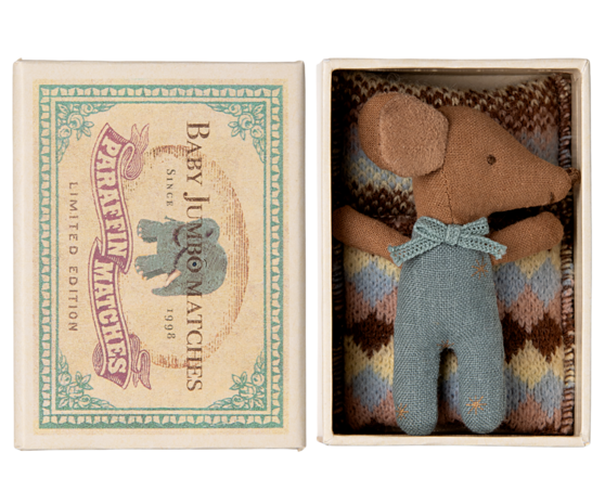 Maileg Sleepy wakey baby mouse in matchbox - blauw